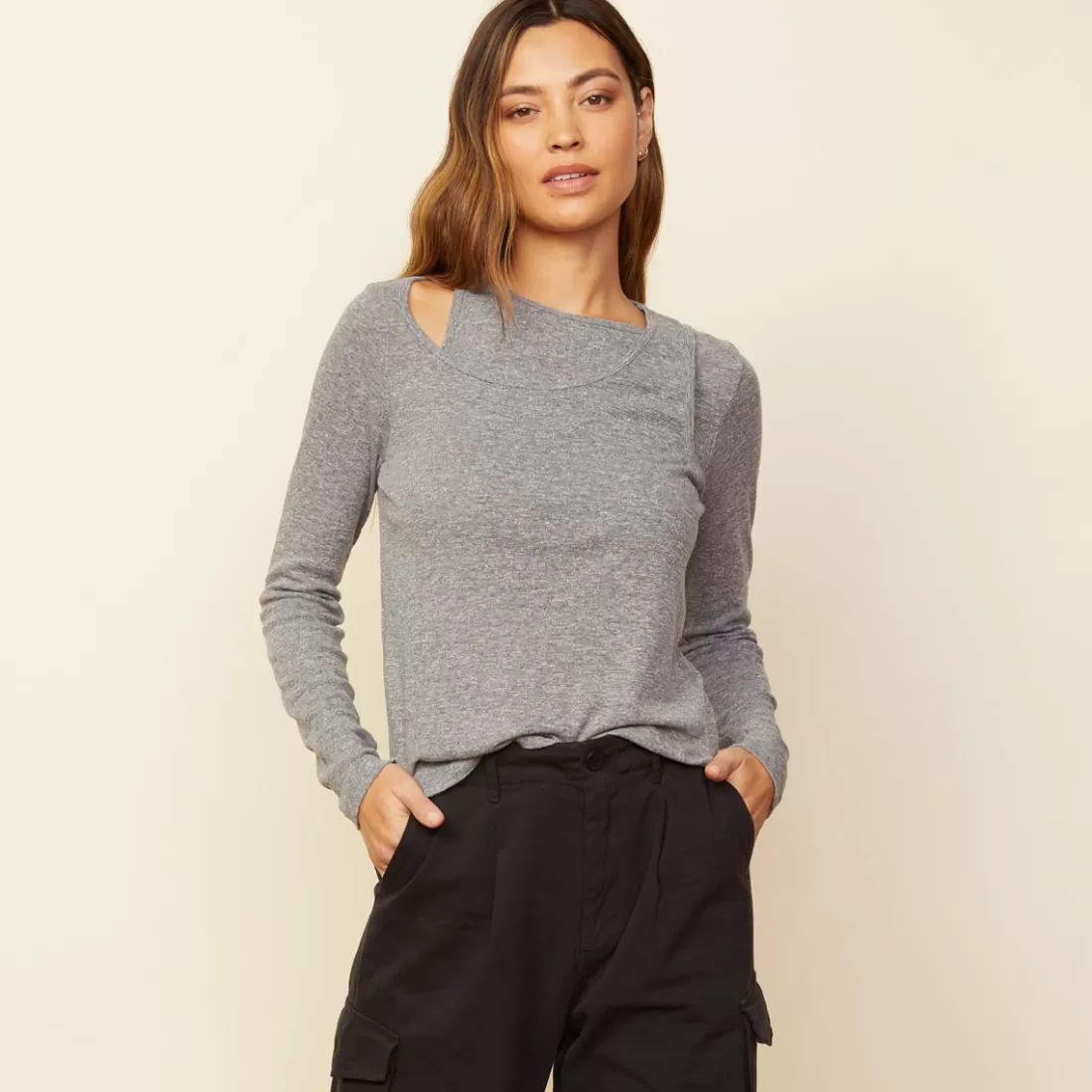 MONROW Long Sleeve*Asymmetric Long Sleeve Top GRANITE