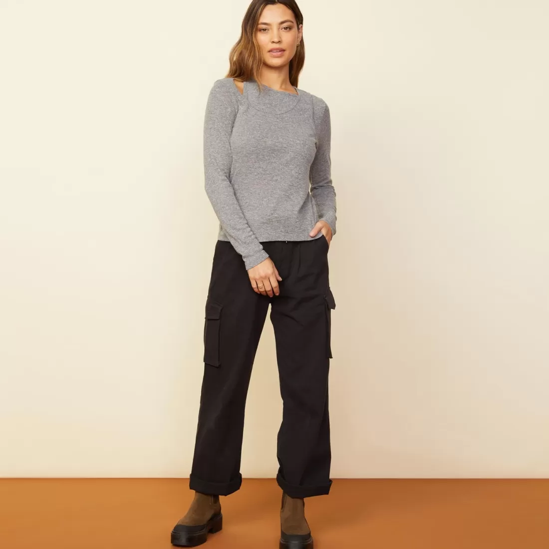MONROW Long Sleeve*Asymmetric Long Sleeve Top GRANITE
