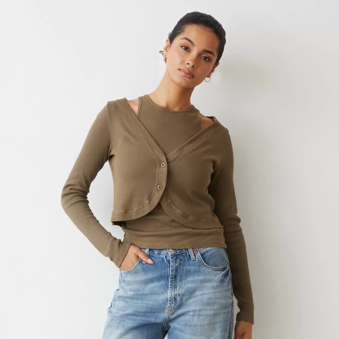 MONROW Long Sleeve*Baby Thermal Double Layer Cardi Top STONEGREEN