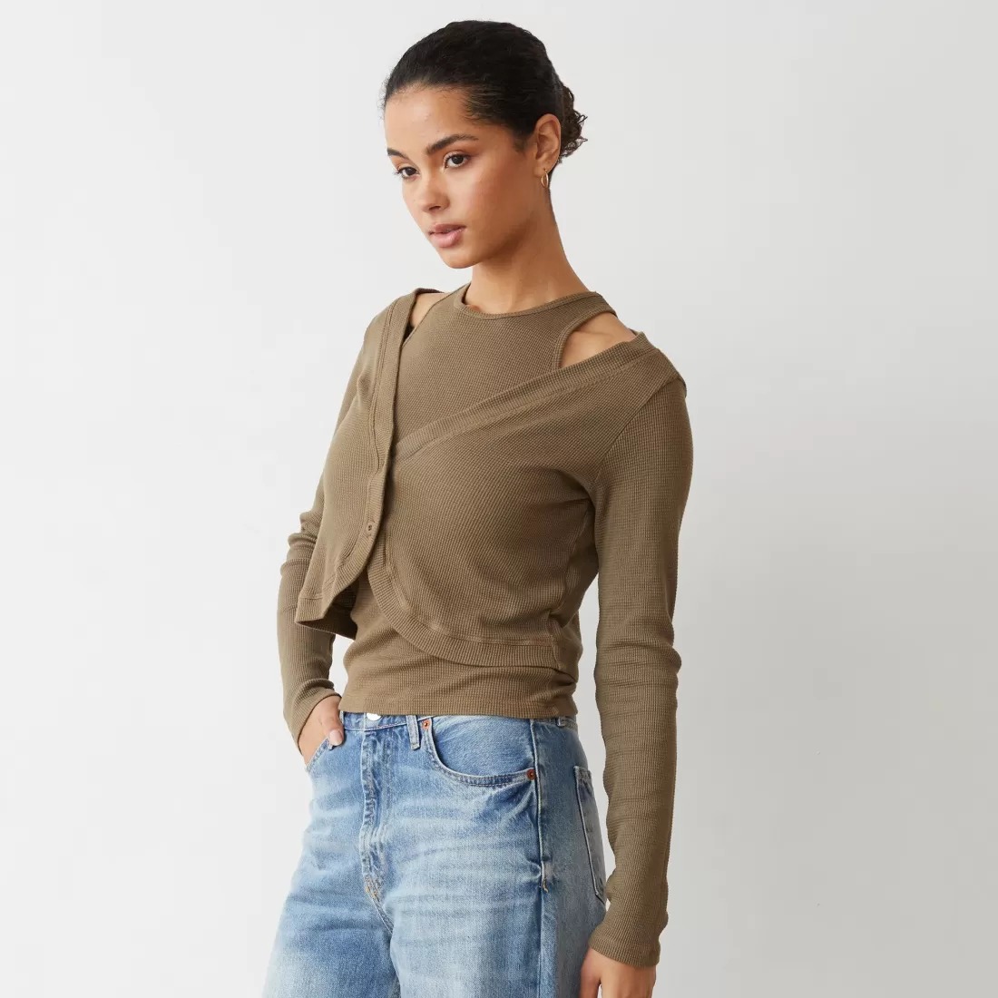 MONROW Long Sleeve*Baby Thermal Double Layer Cardi Top STONEGREEN