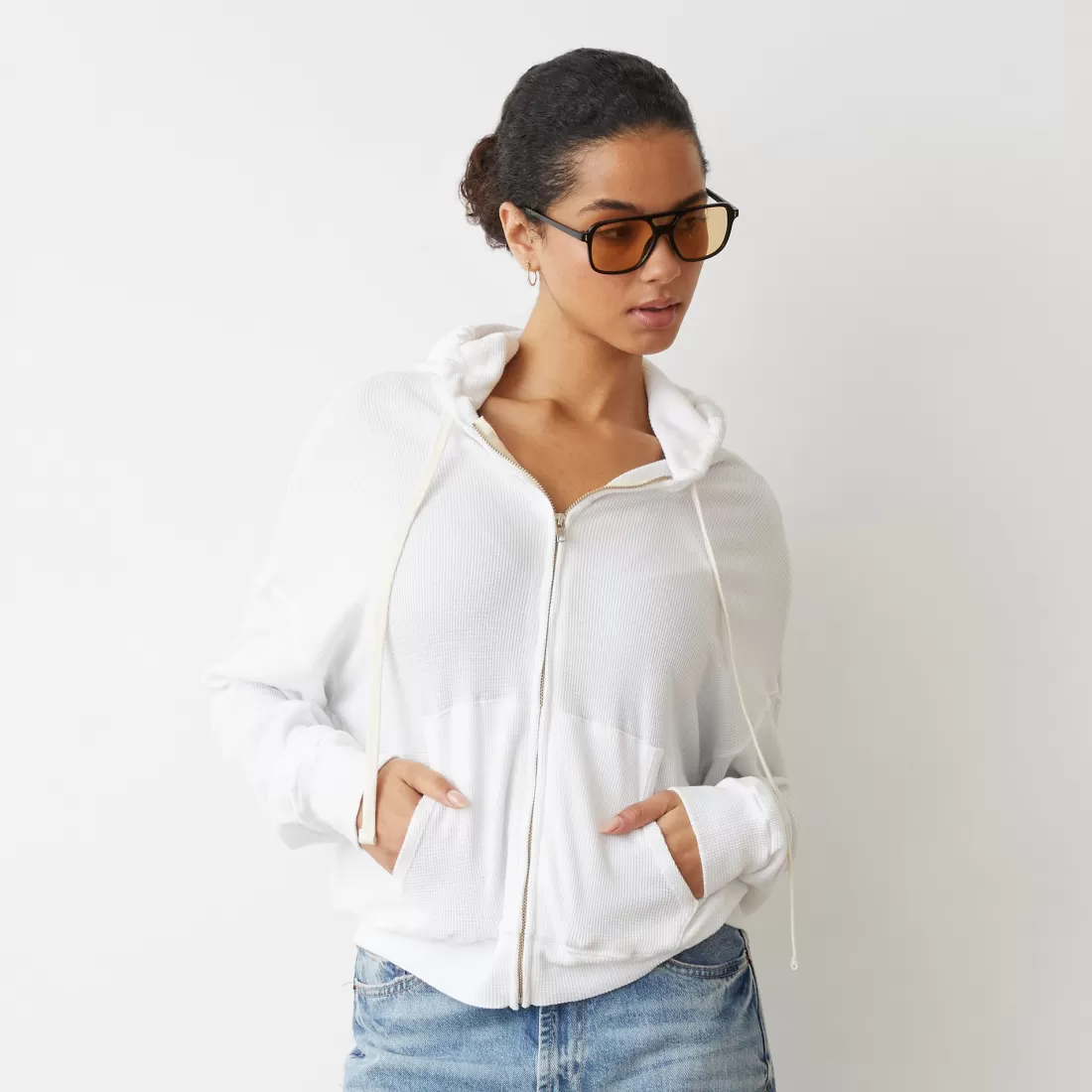 MONROW Zip-Up Hoodies*Baby Thermal Slouchy Zip Up WHITE