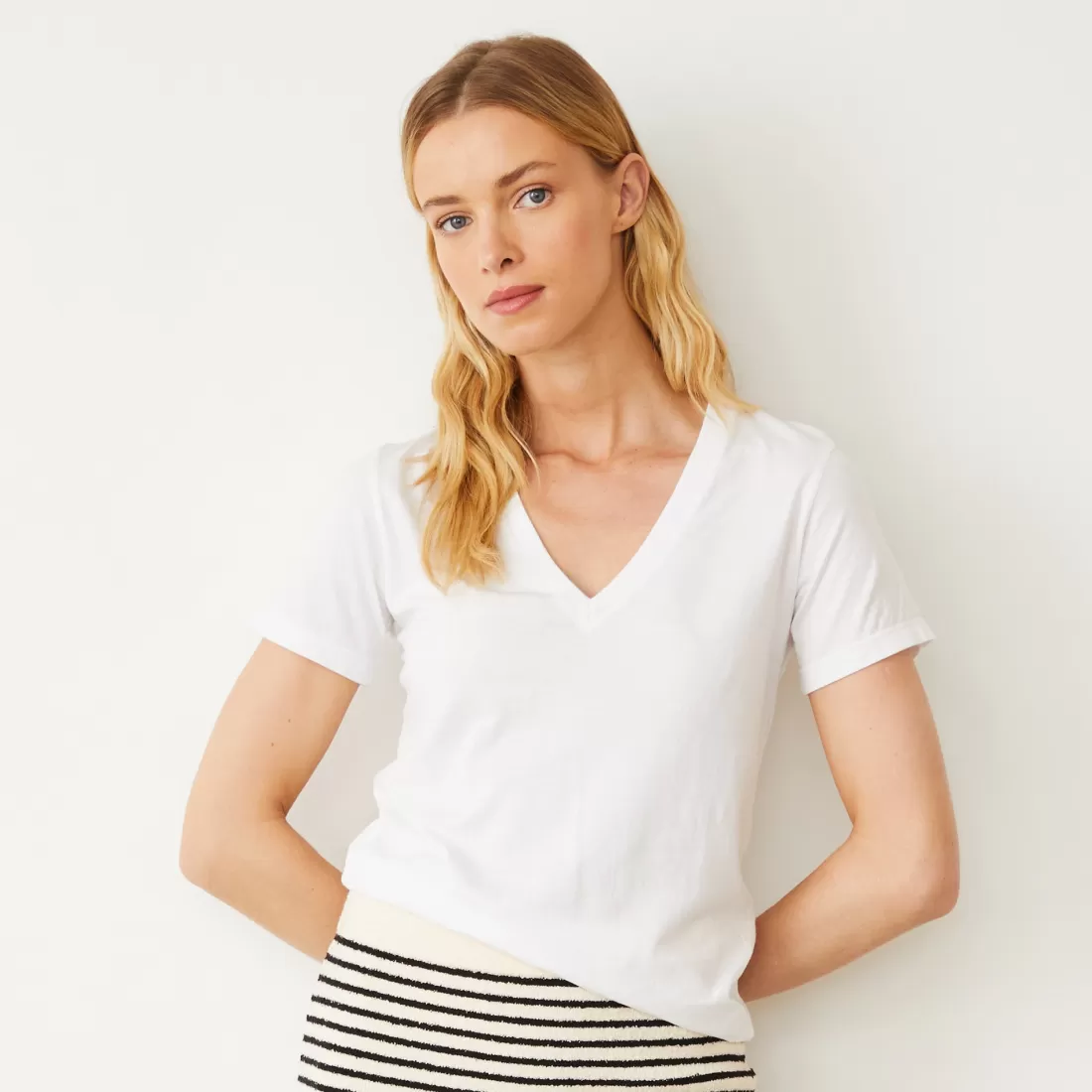 MONROW Tees*Basic V Neck Tee WHITE