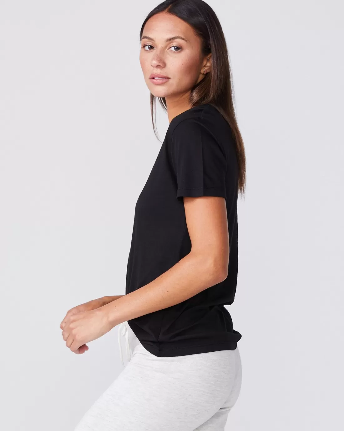 MONROW Tees*Cotton Modal Relaxed V Neck Tee - Color BLACK
