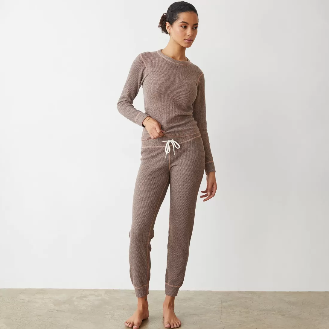 MONROW Sweats*Cozy Heather Thermal Cuff Sweat PECAN