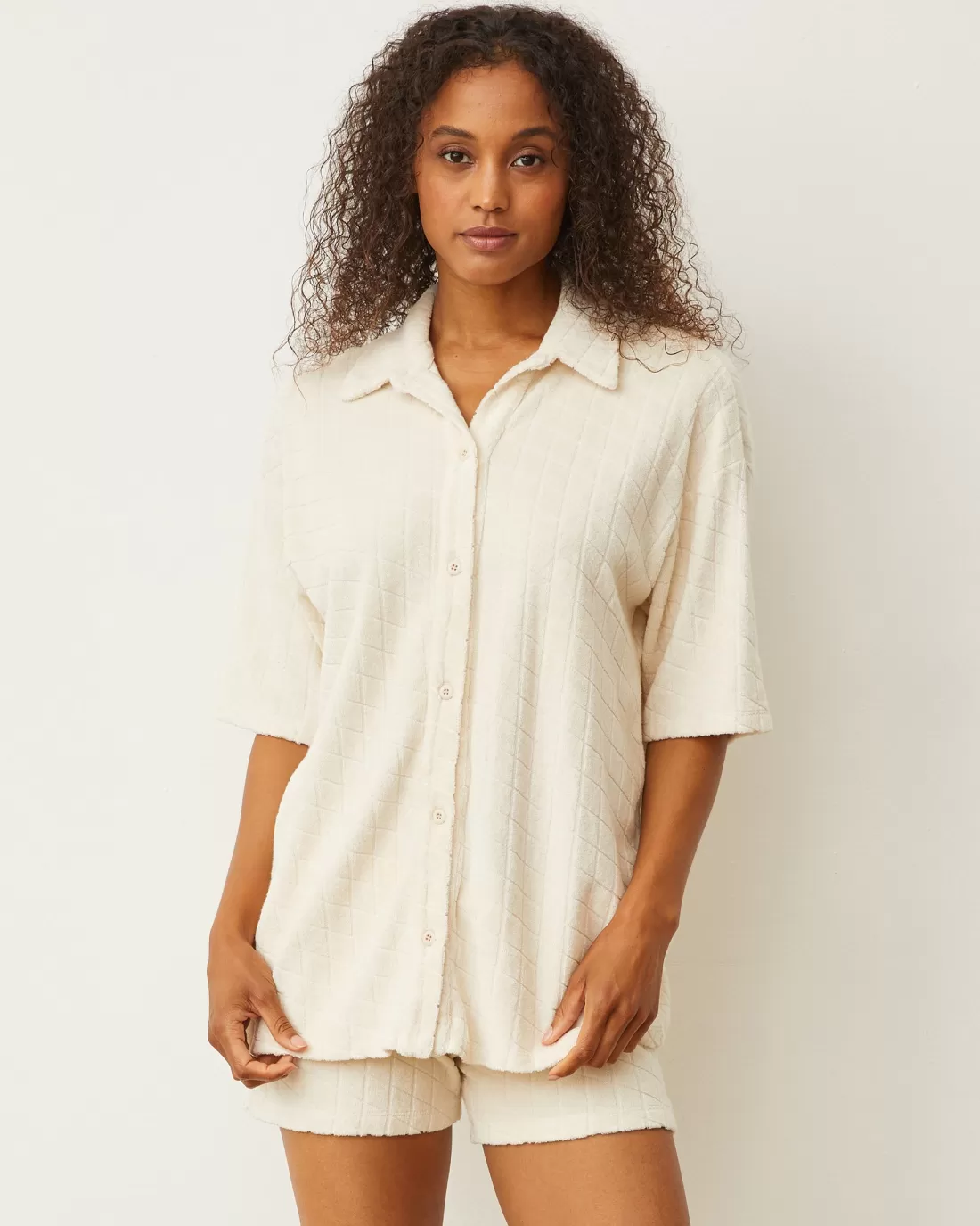 MONROW Terry*Diamond Terry Cloth Oversized Shirt NATURAL