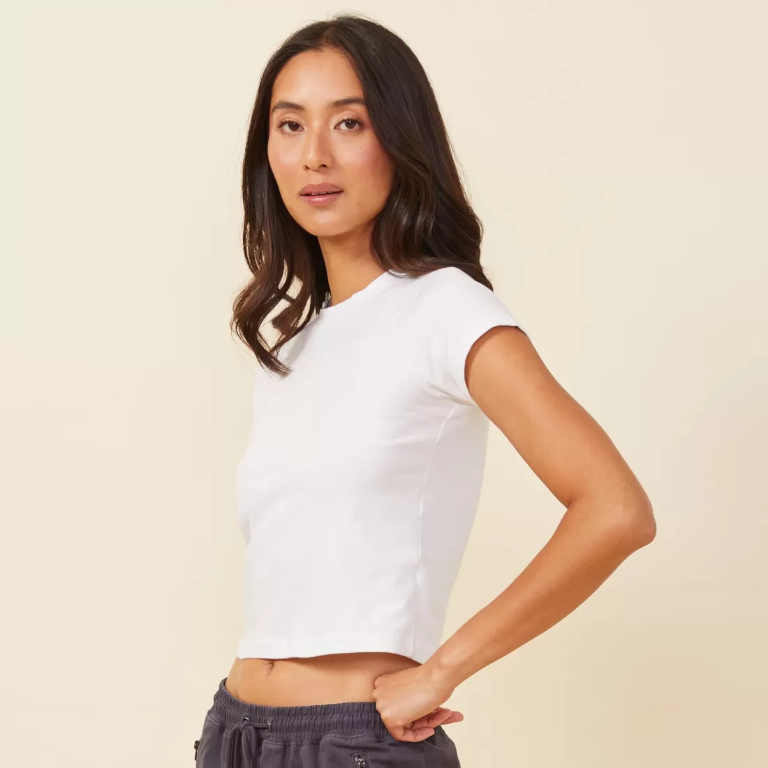 MONROW Tees*Fitted Cap Sleeve Tee WHITE