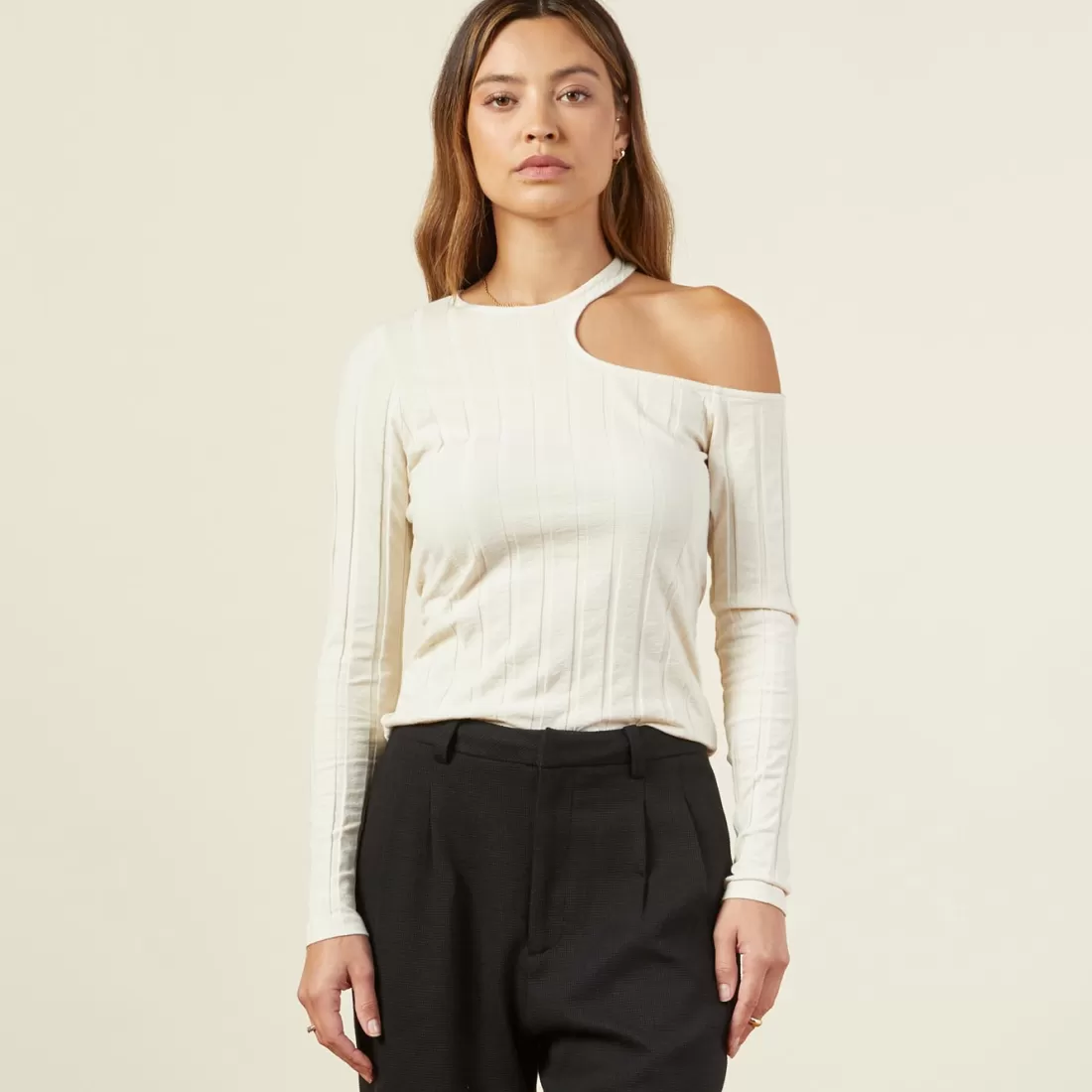 MONROW Long Sleeve*Flat Rib Asymmetric Long Sleeve OFFWHITE
