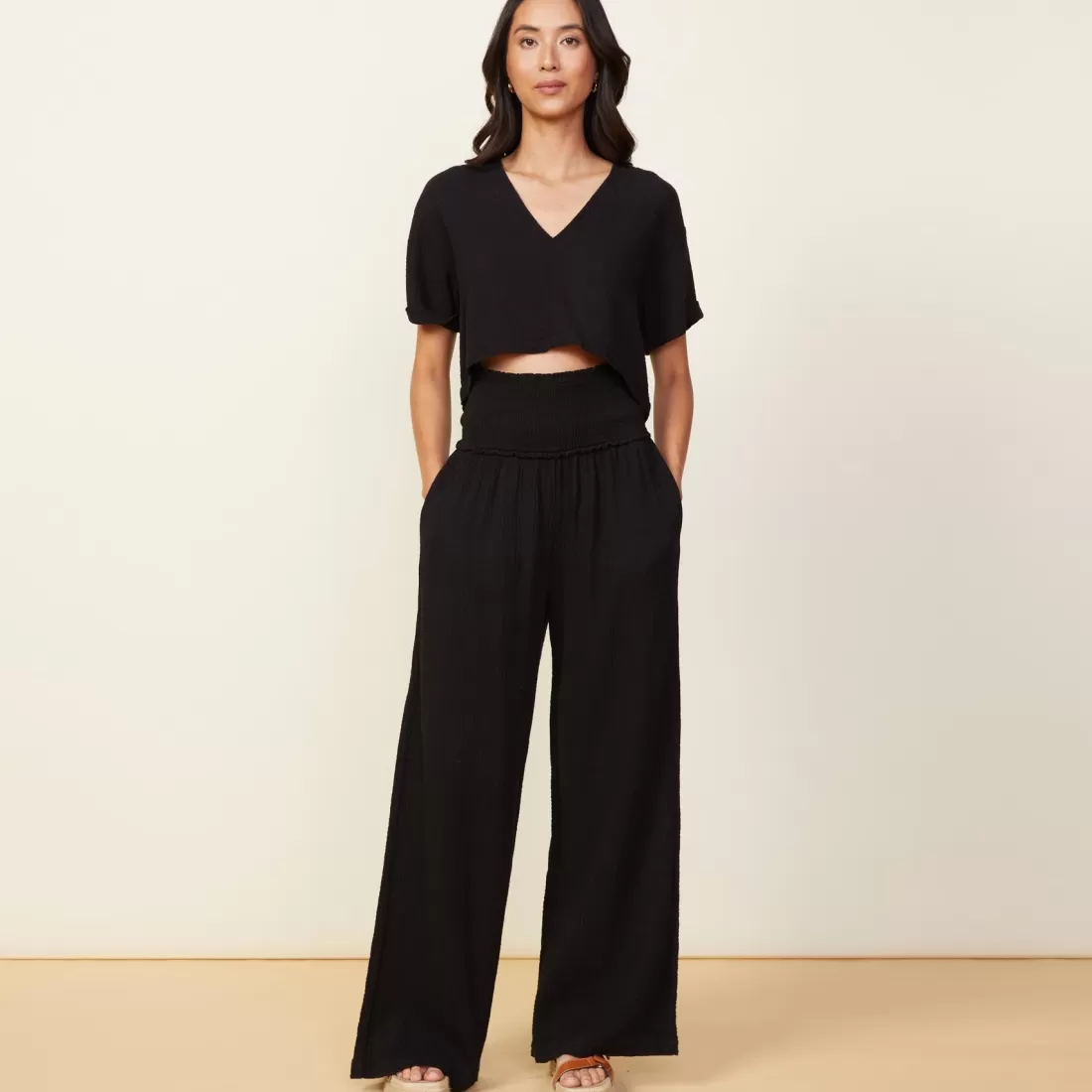 MONROW Pants*Gauze Smocked Flare Pant BLACK