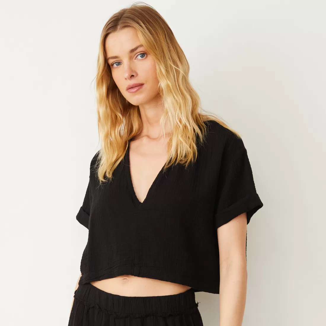 MONROW Tees*Gauze V Neck Mini Top BLACK