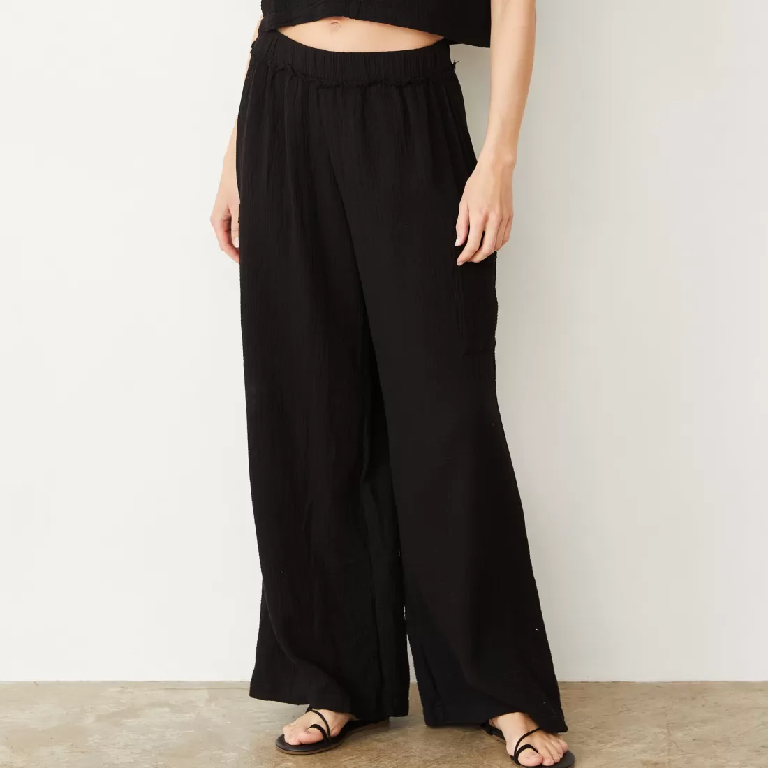 MONROW Pants*Gauze Wide Leg Cargo BLACK