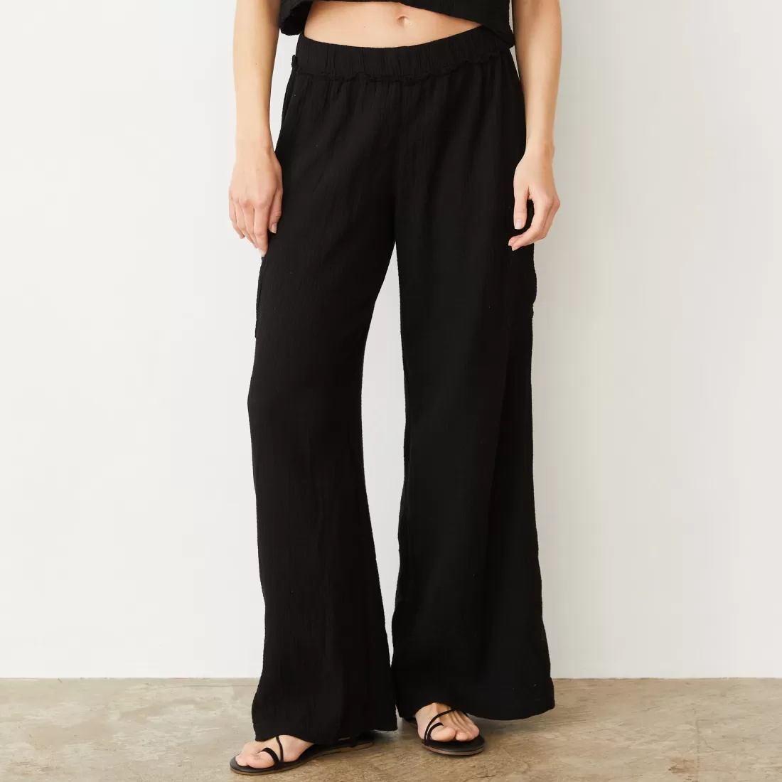 MONROW Pants*Gauze Wide Leg Cargo BLACK