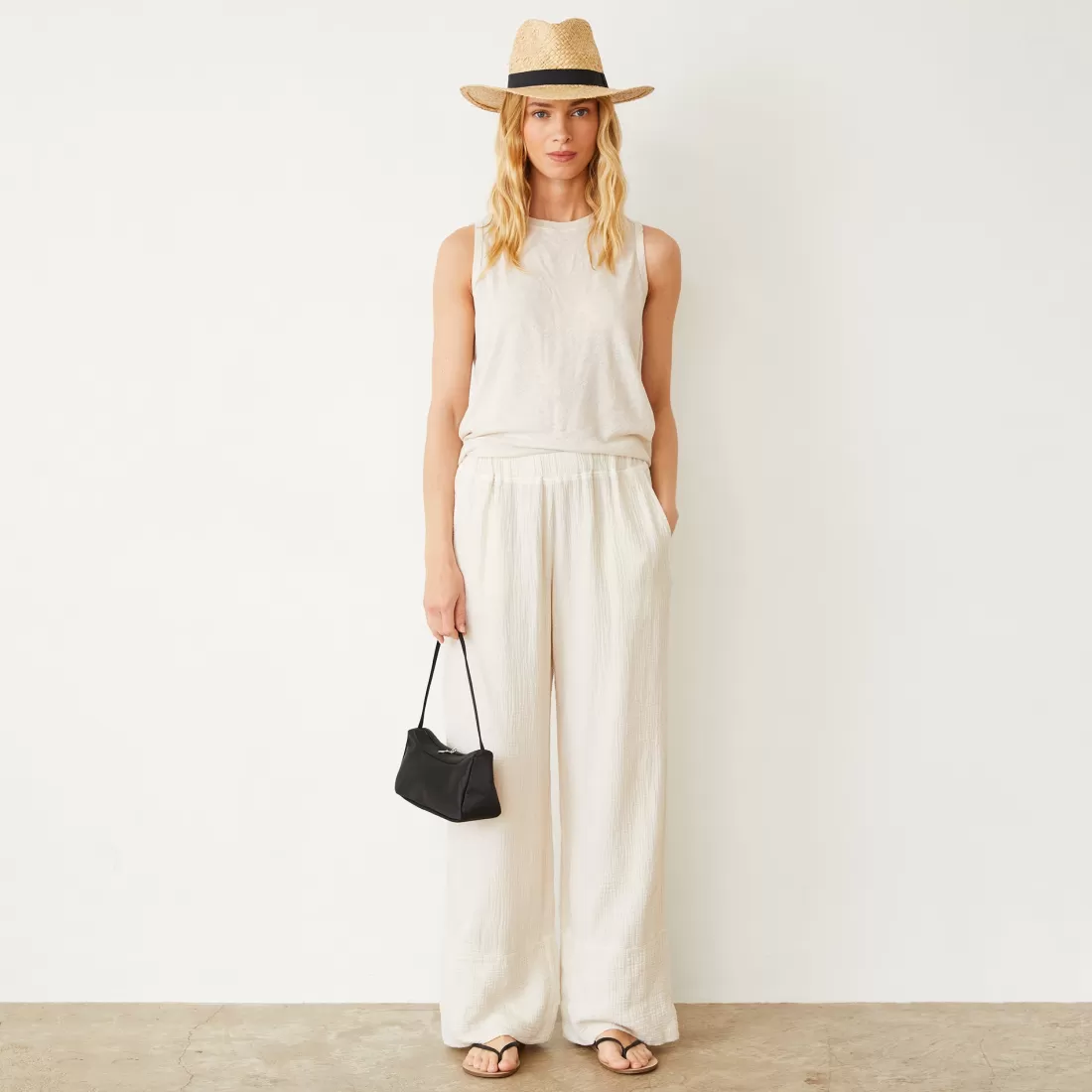 MONROW Pants*Gauze Wide Leg Pant PEARL