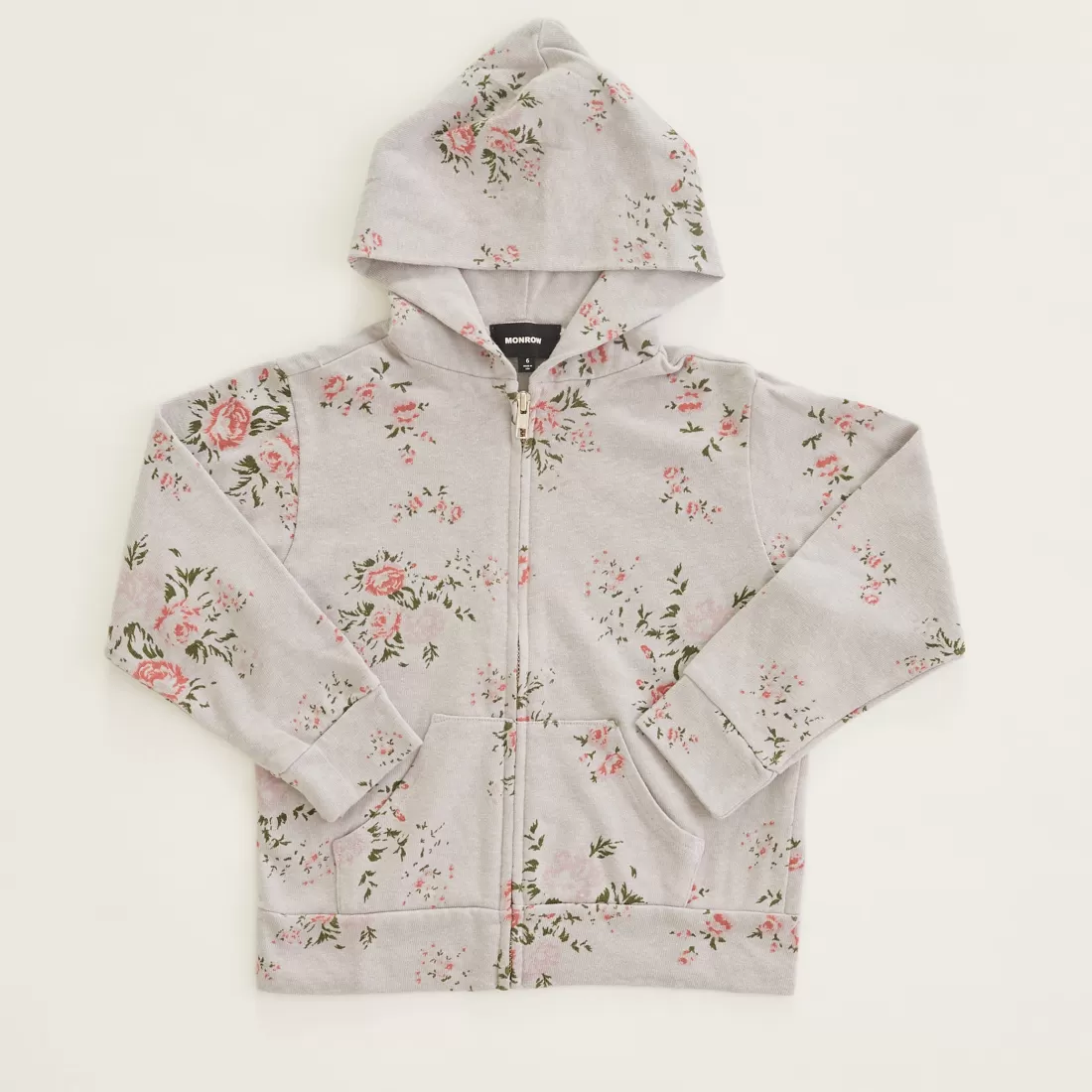 MONROW Kids*Kids Zip Up Hoody With Floral Print DOVEGREY