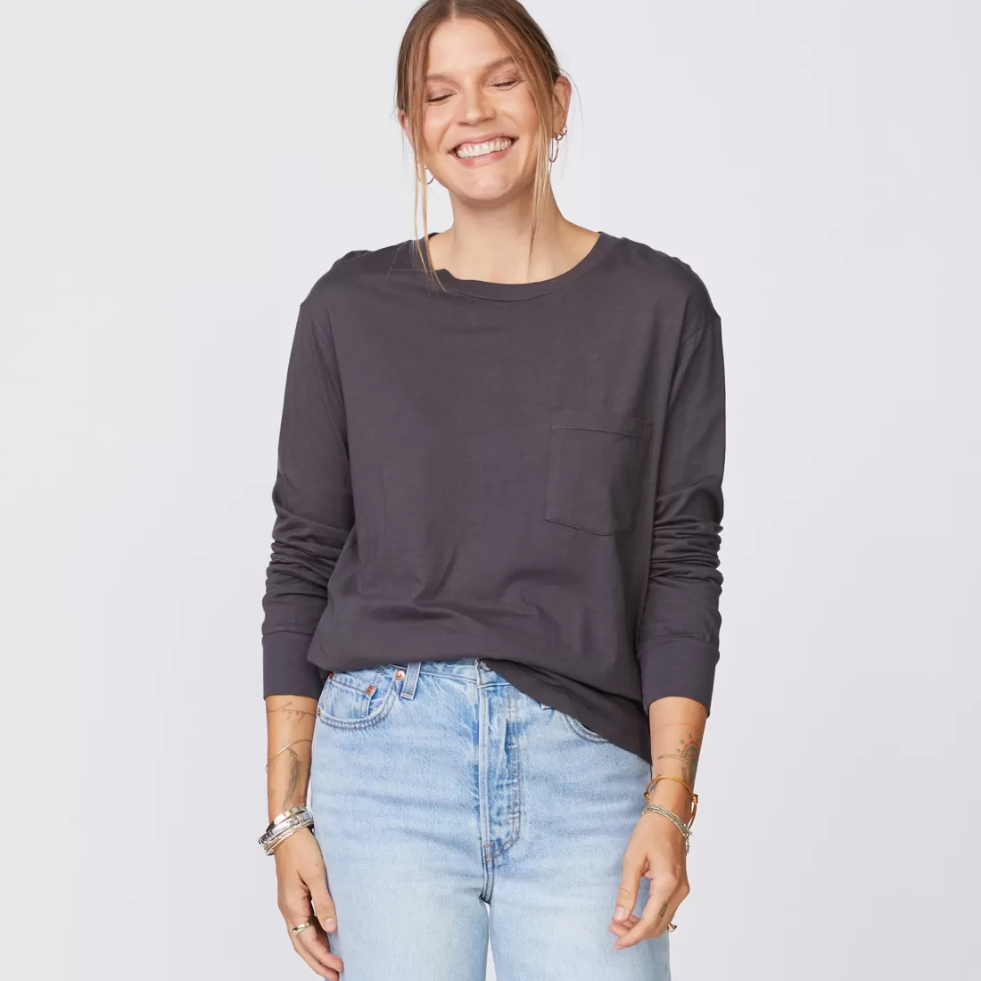 MONROW Long Sleeve*Long Sleeve Ex-Boyfriend Pocket Crew FADEDBLACK