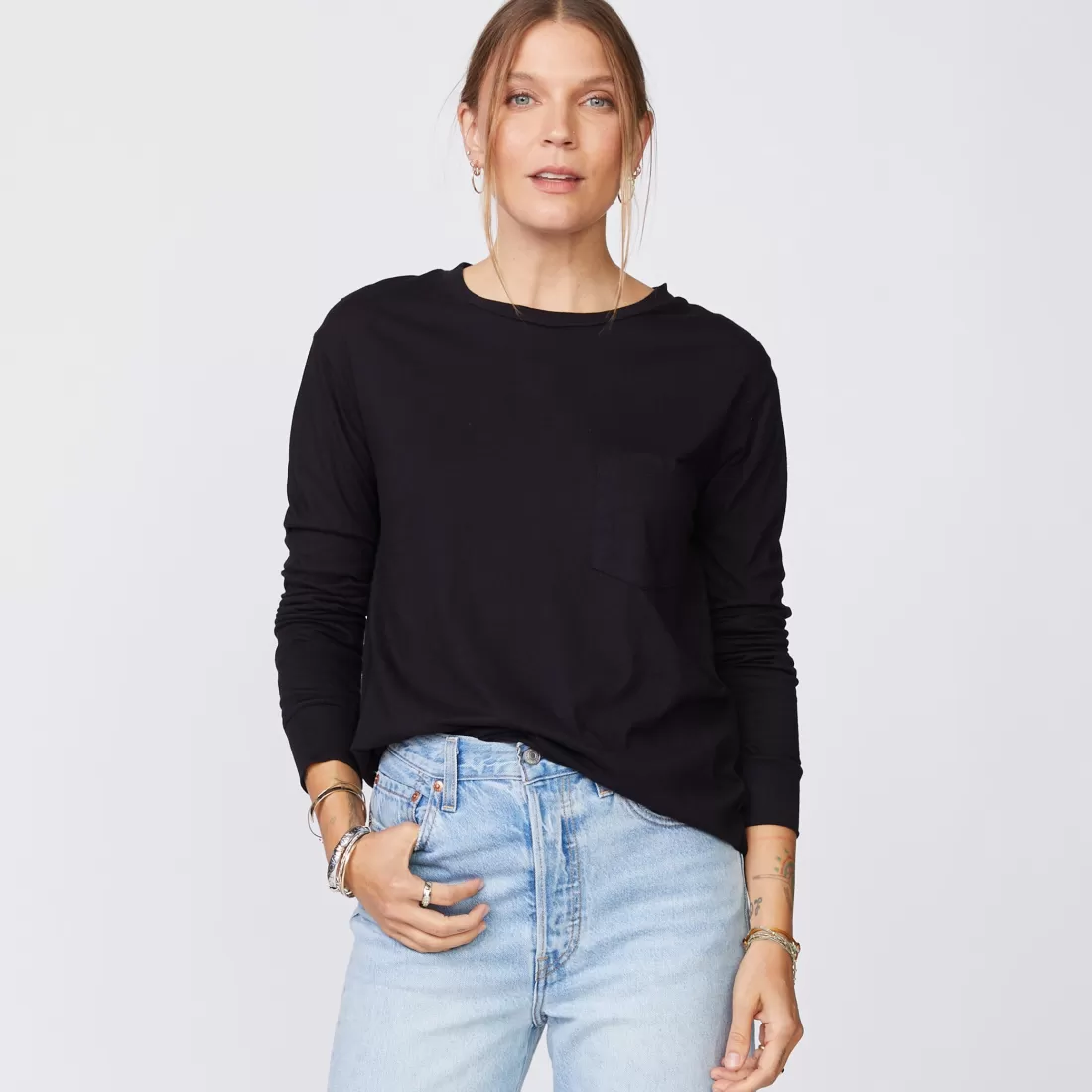 MONROW Long Sleeve*Long Sleeve Ex-Boyfriend Pocket Crew BLACK