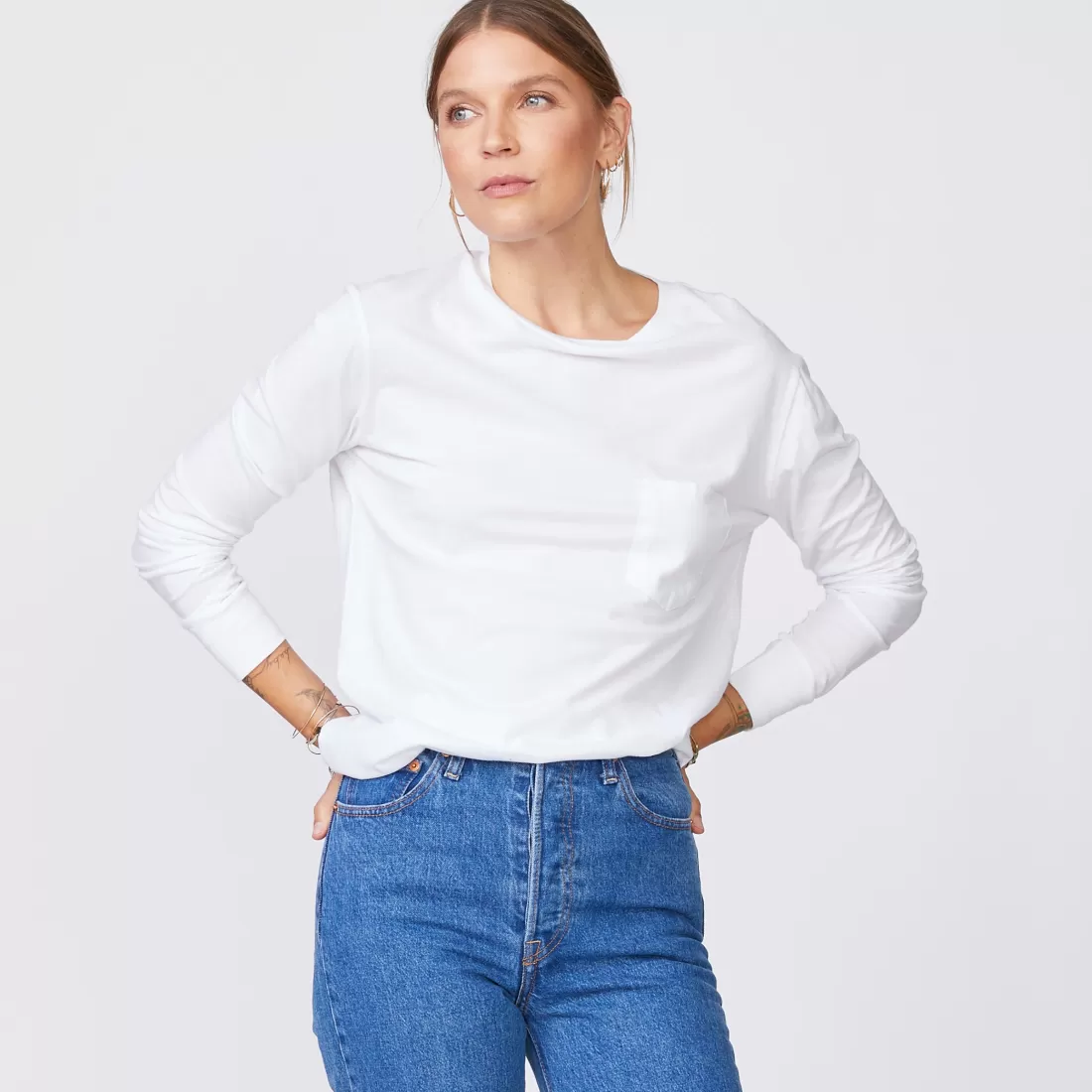 MONROW Long Sleeve*Long Sleeve Ex-Boyfriend Pocket Crew WHITE