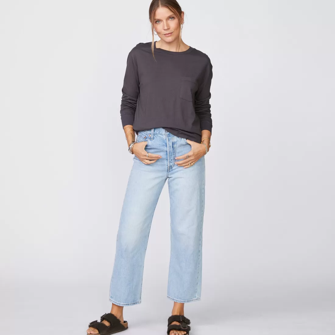 MONROW Long Sleeve*Long Sleeve Ex-Boyfriend Pocket Crew FADEDBLACK