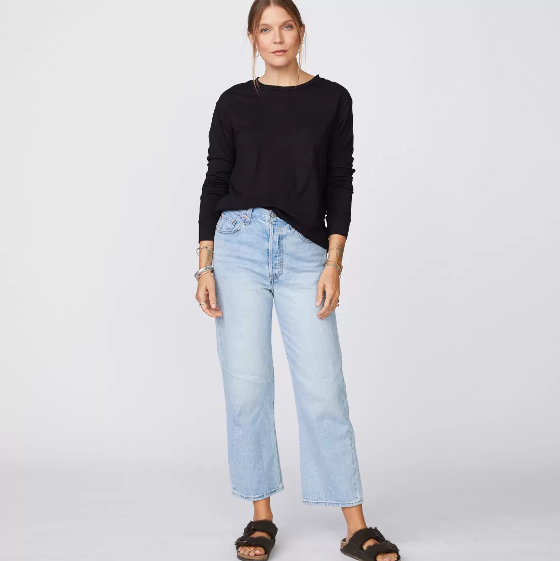 MONROW Long Sleeve*Long Sleeve Ex-Boyfriend Pocket Crew BLACK