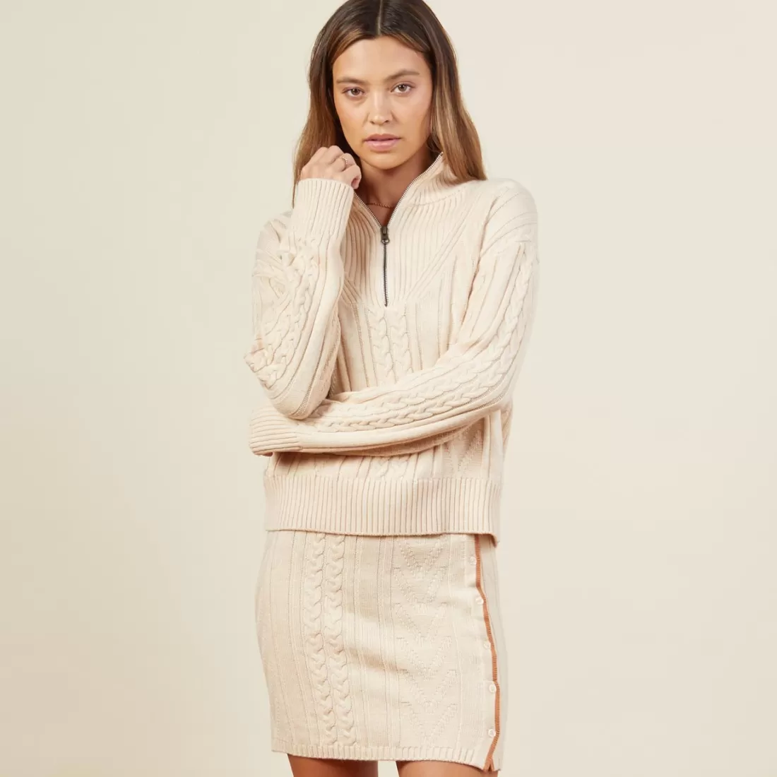 MONROW Sweatshirts*Merino Cable Knit Half Zip OFFWHITE