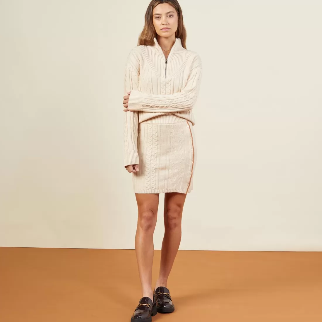 MONROW Sweatshirts*Merino Cable Knit Half Zip OFFWHITE