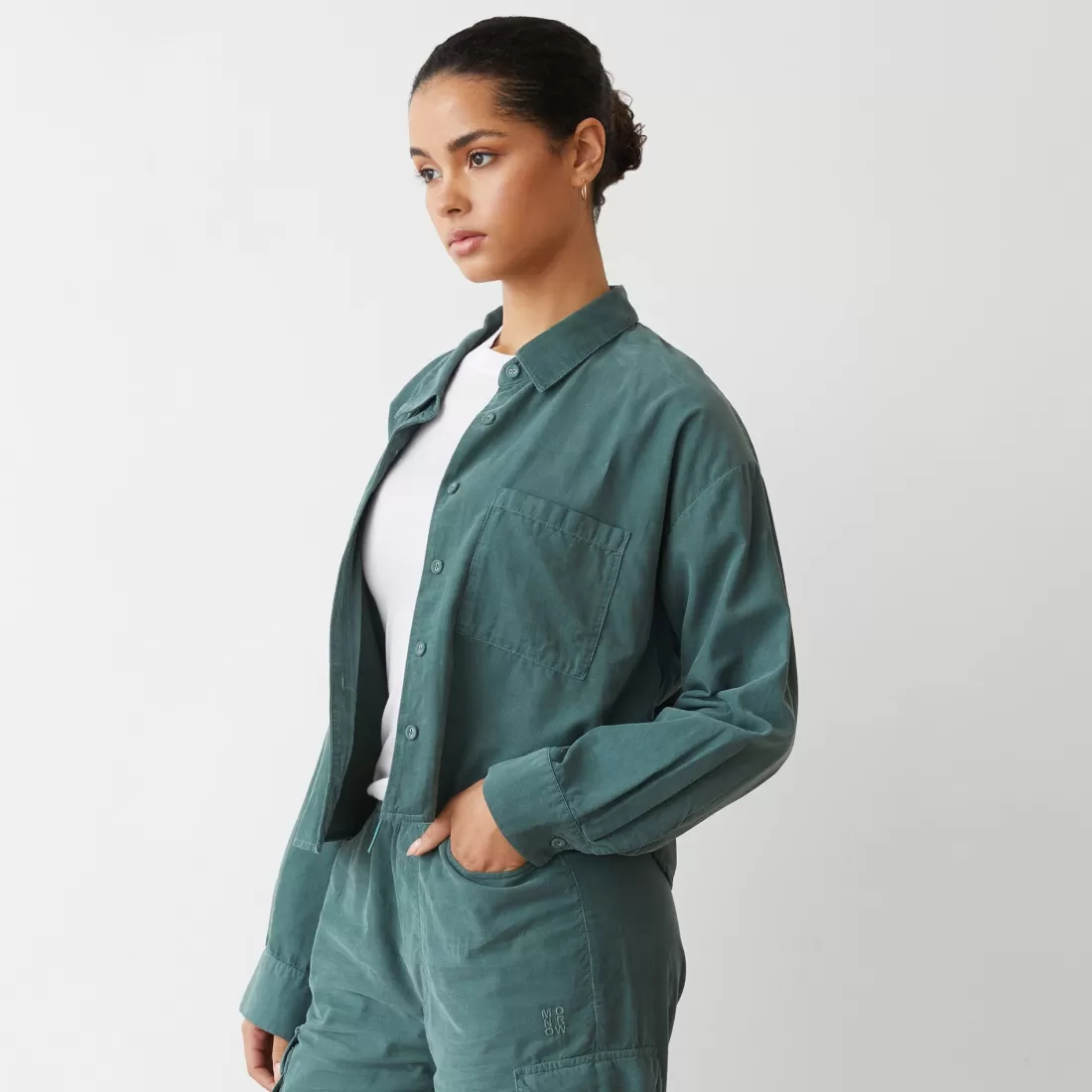 MONROW Long Sleeve*Mini Corduroy Cropped Shirt CACTUS