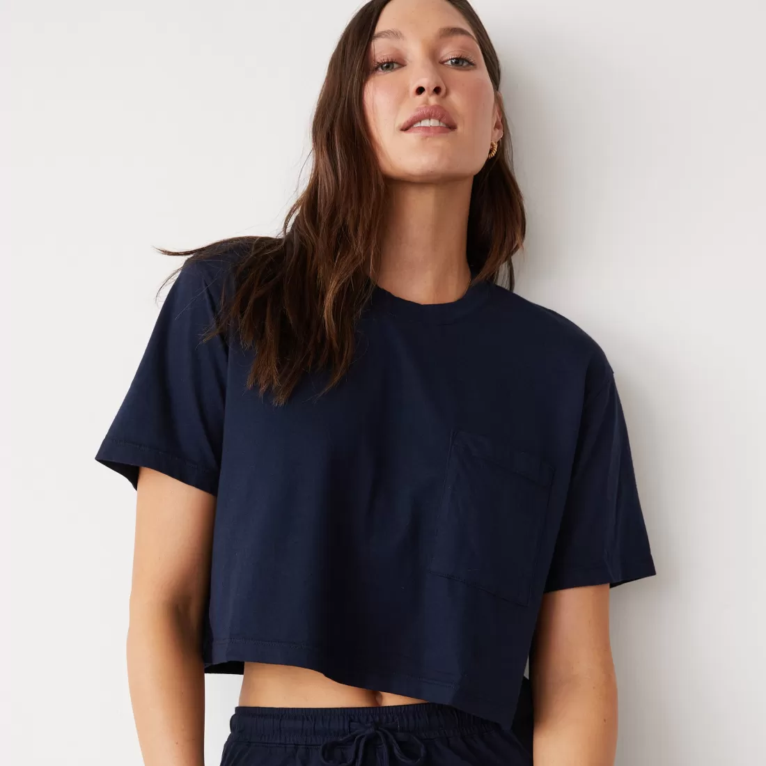 MONROW Tees*Organic Jersey Crop Pocket Tee DARKNAVY