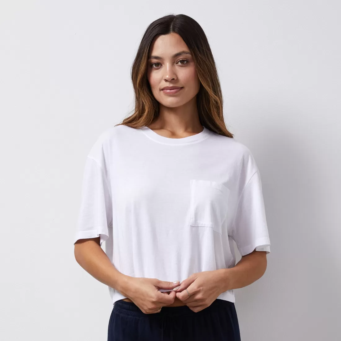MONROW Tees*Organic Jersey Crop Pocket Tee WHITE