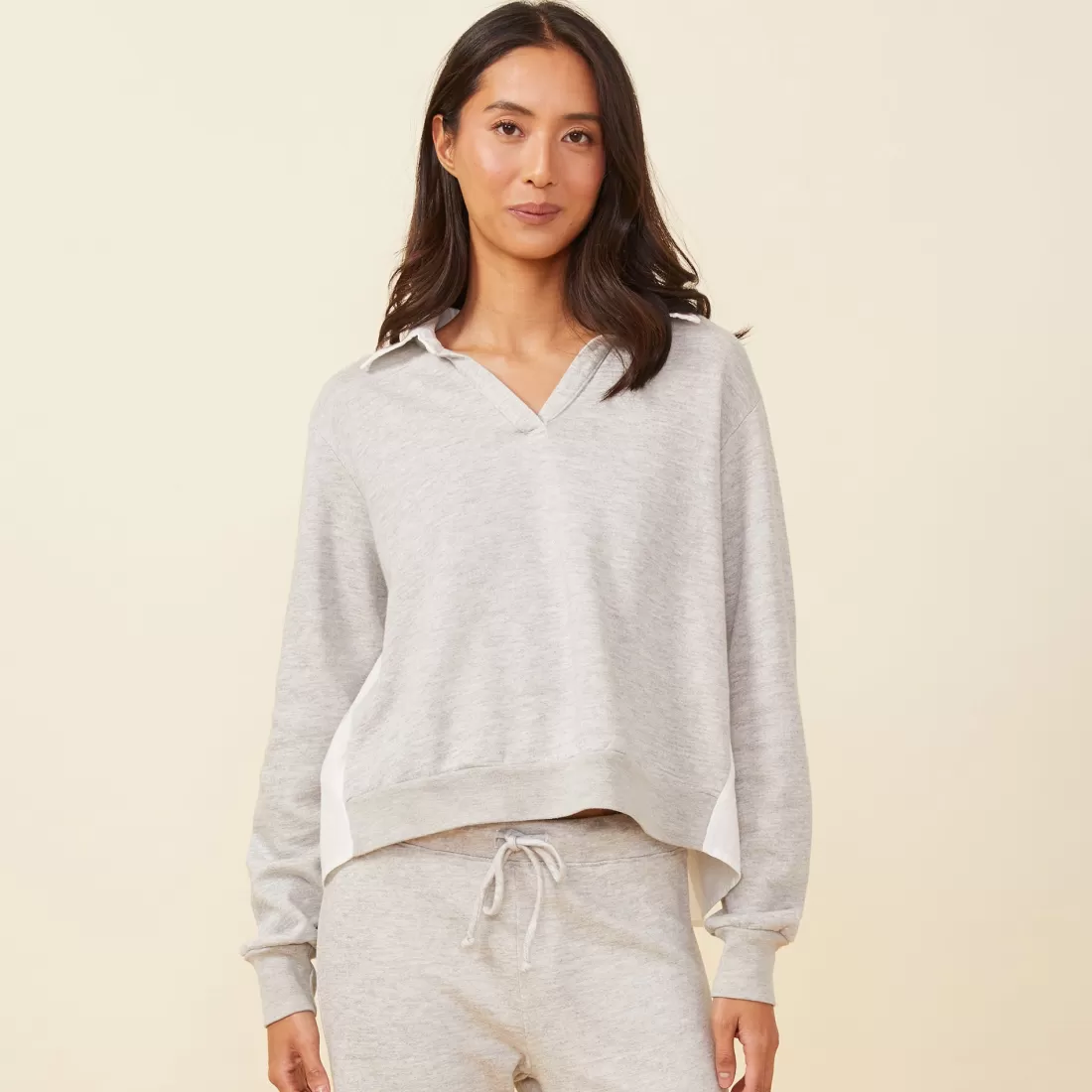 MONROW Long Sleeve*Poplin Mix Collar Sweatshirt HEATHERGREY