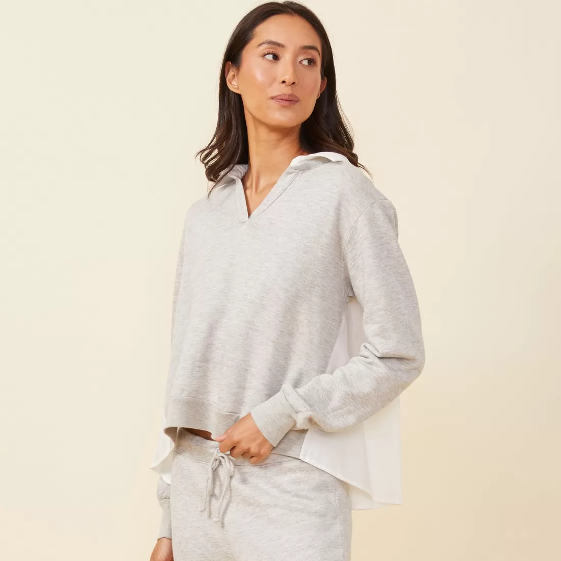 MONROW Long Sleeve*Poplin Mix Collar Sweatshirt HEATHERGREY