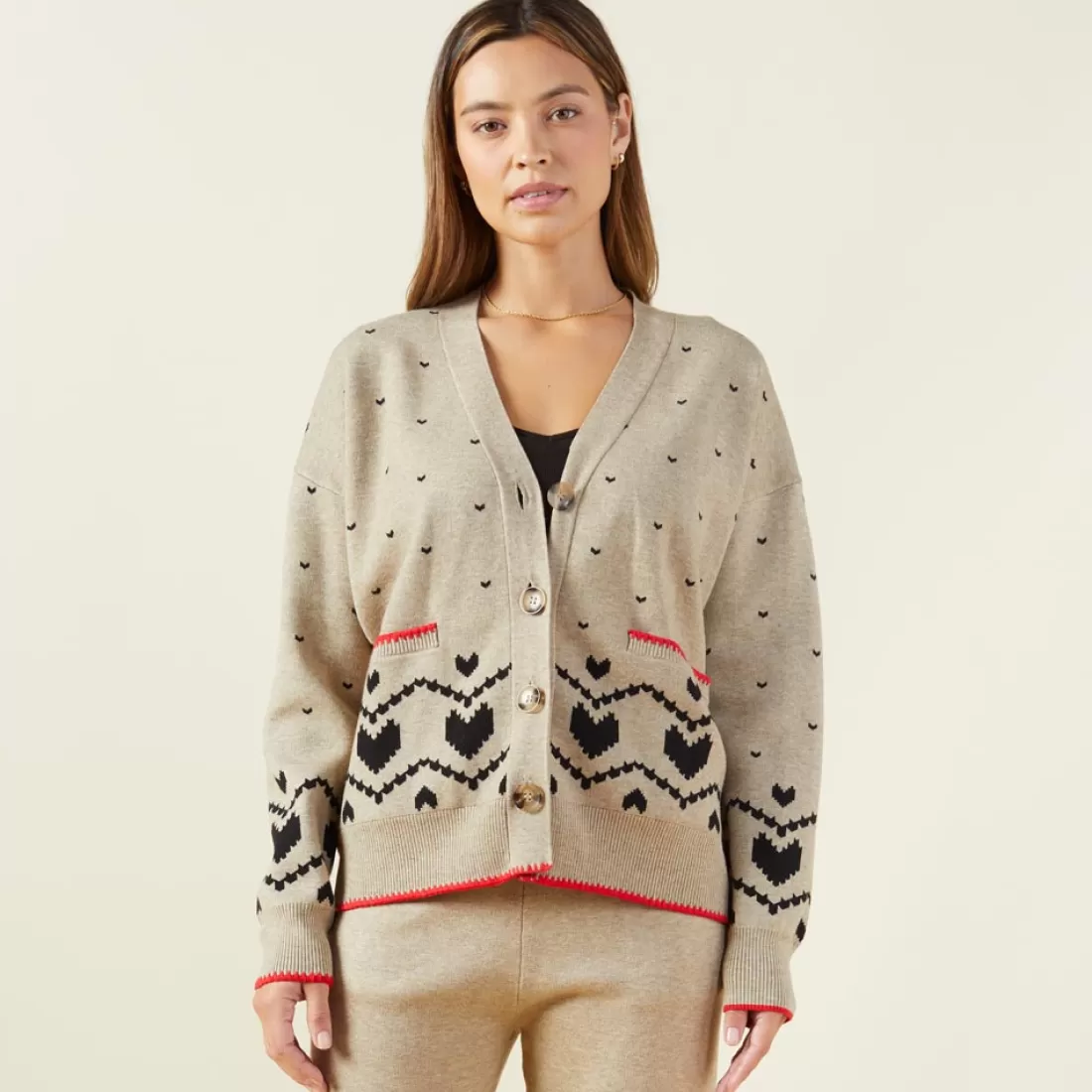 MONROW Soft Knit*Soft Knit Heart Fair Isle Cardigan OATMEAL