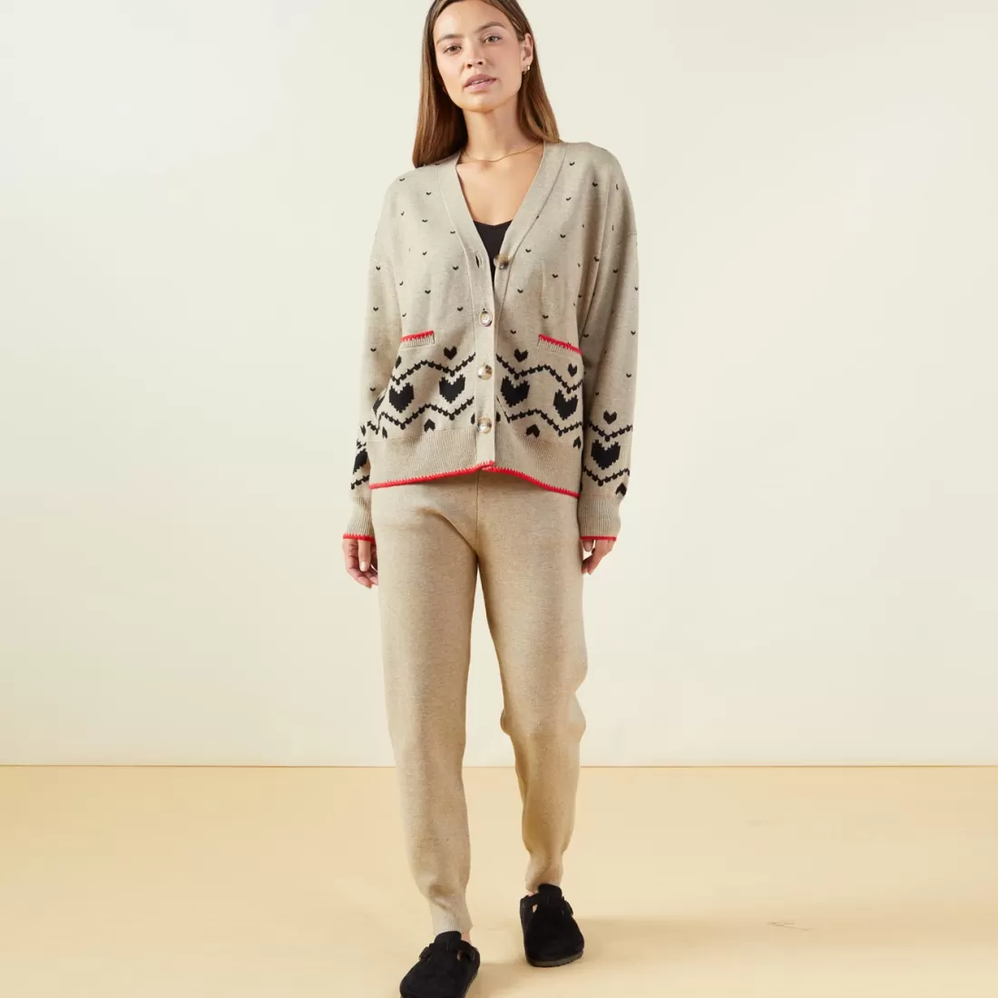 MONROW Soft Knit*Soft Knit Heart Fair Isle Cardigan OATMEAL