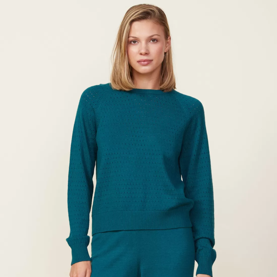 MONROW Soft Knit*Soft Knit Pointelle Raglan Sweater TEAL