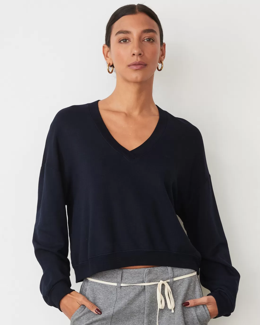 MONROW Softfleece | Sweatshirts*Softfleece Crop V Neck Sweatshirt DARKNAVY