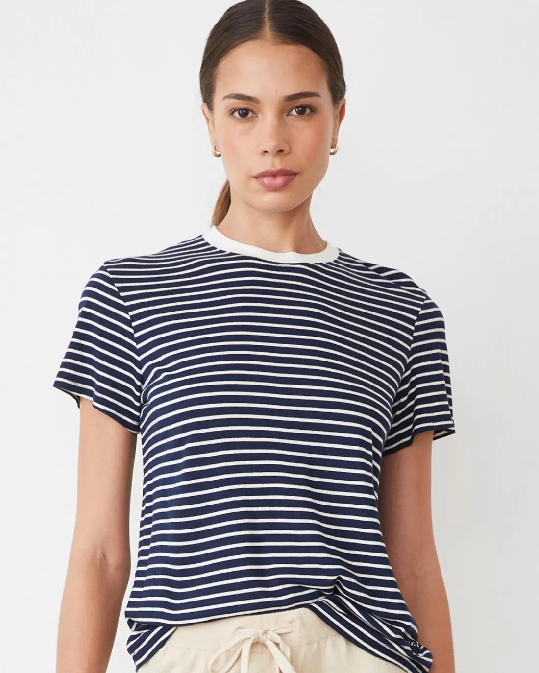 MONROW Tees*Stripe Basic Crew NAVY/IVORY