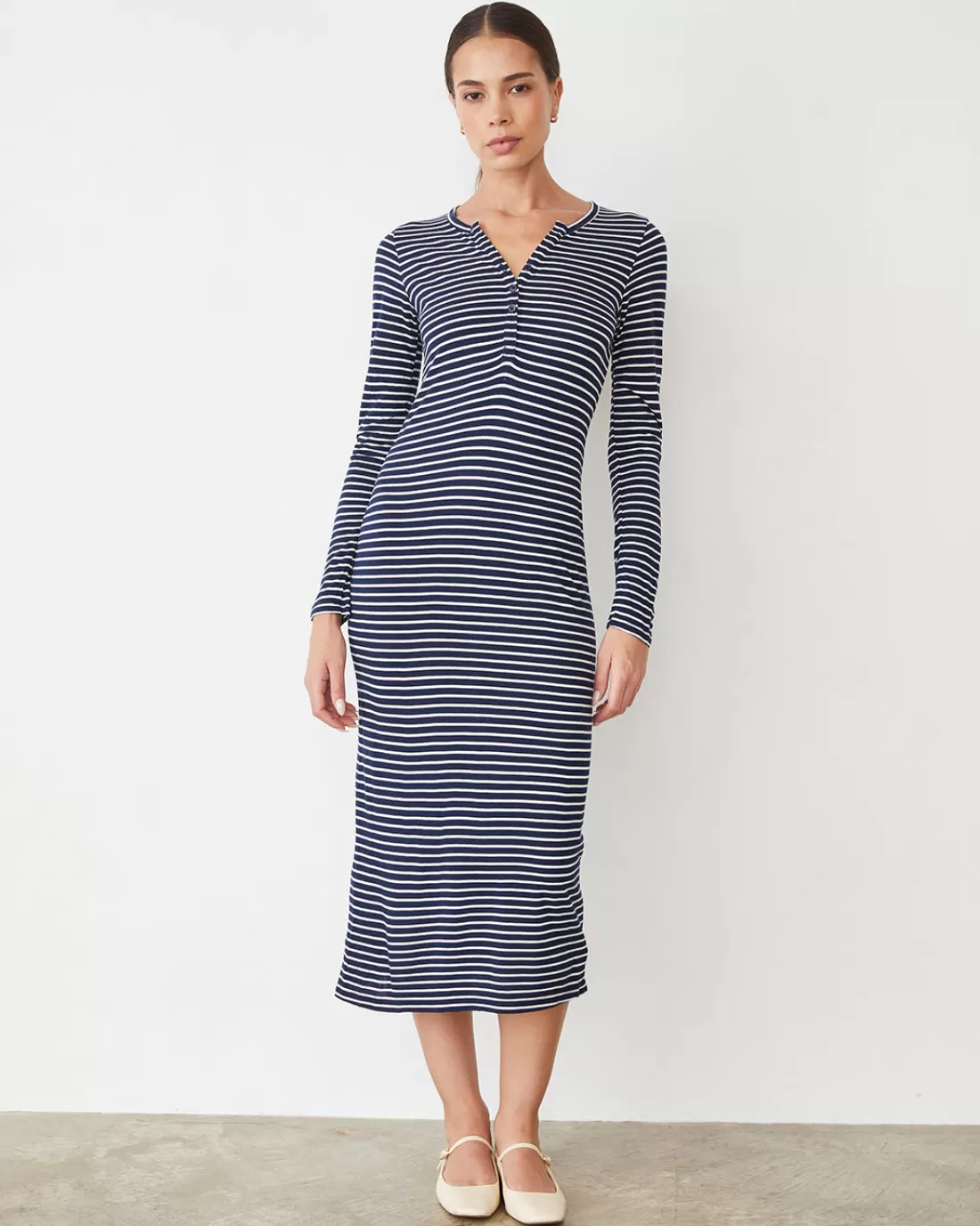 MONROW Travel Essentials | Dresses*Stripe Henley Dress NAVY/IVORY