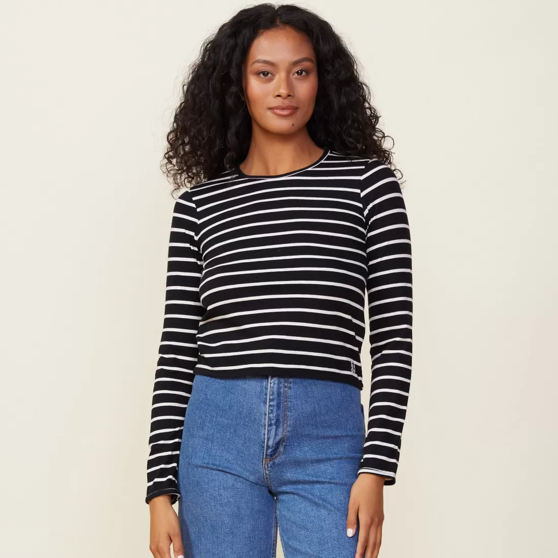 MONROW Long Sleeve*Stripe Long Sleeve Crew BLACK/NATURAL