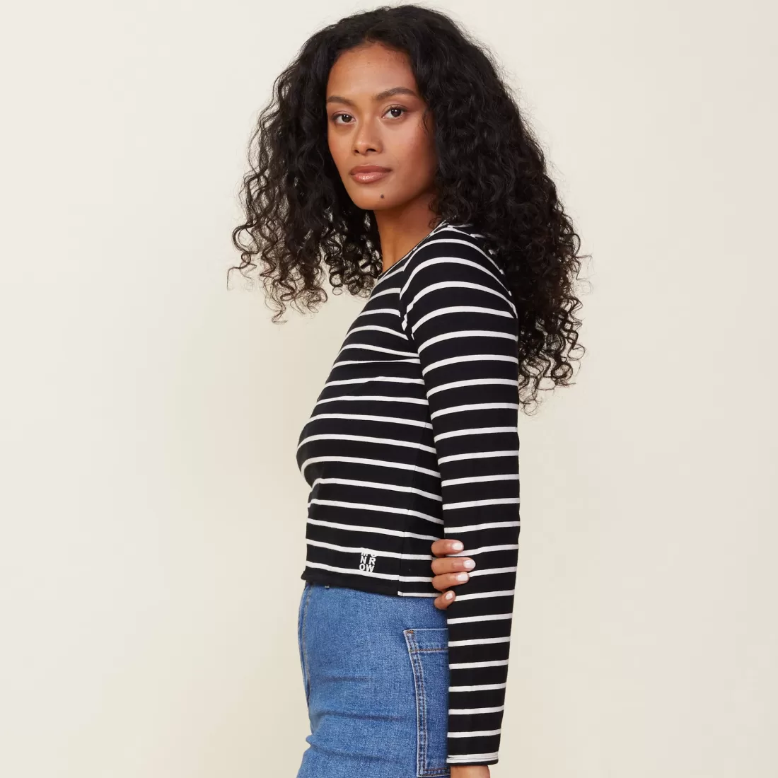 MONROW Long Sleeve*Stripe Long Sleeve Crew BLACK/NATURAL
