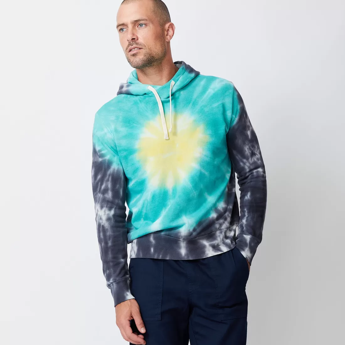MONROW Men's Tops | Mens Sale*Sunburst Tie Dye Pullover Hoody YELLOW/TEAL/FADEDBLACK