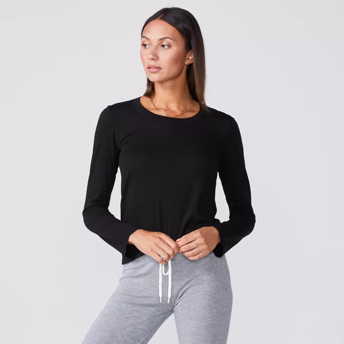 MONROW Long Sleeve*Super Fine Jersey Fitted Long Sleeve Crew BLACK