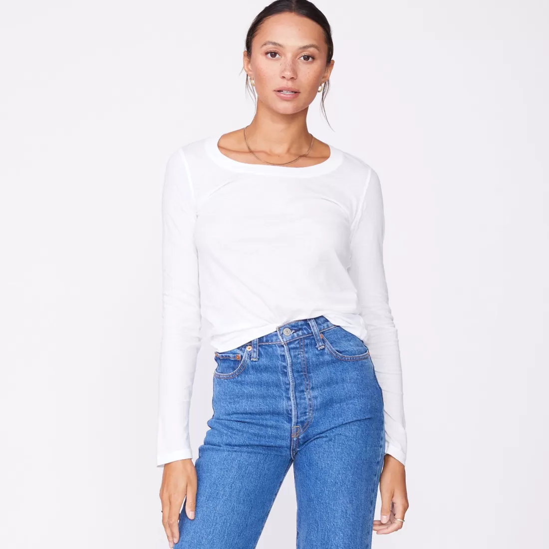 MONROW Long Sleeve*Super Fine Jersey Fitted Long Sleeve Crew WHITE