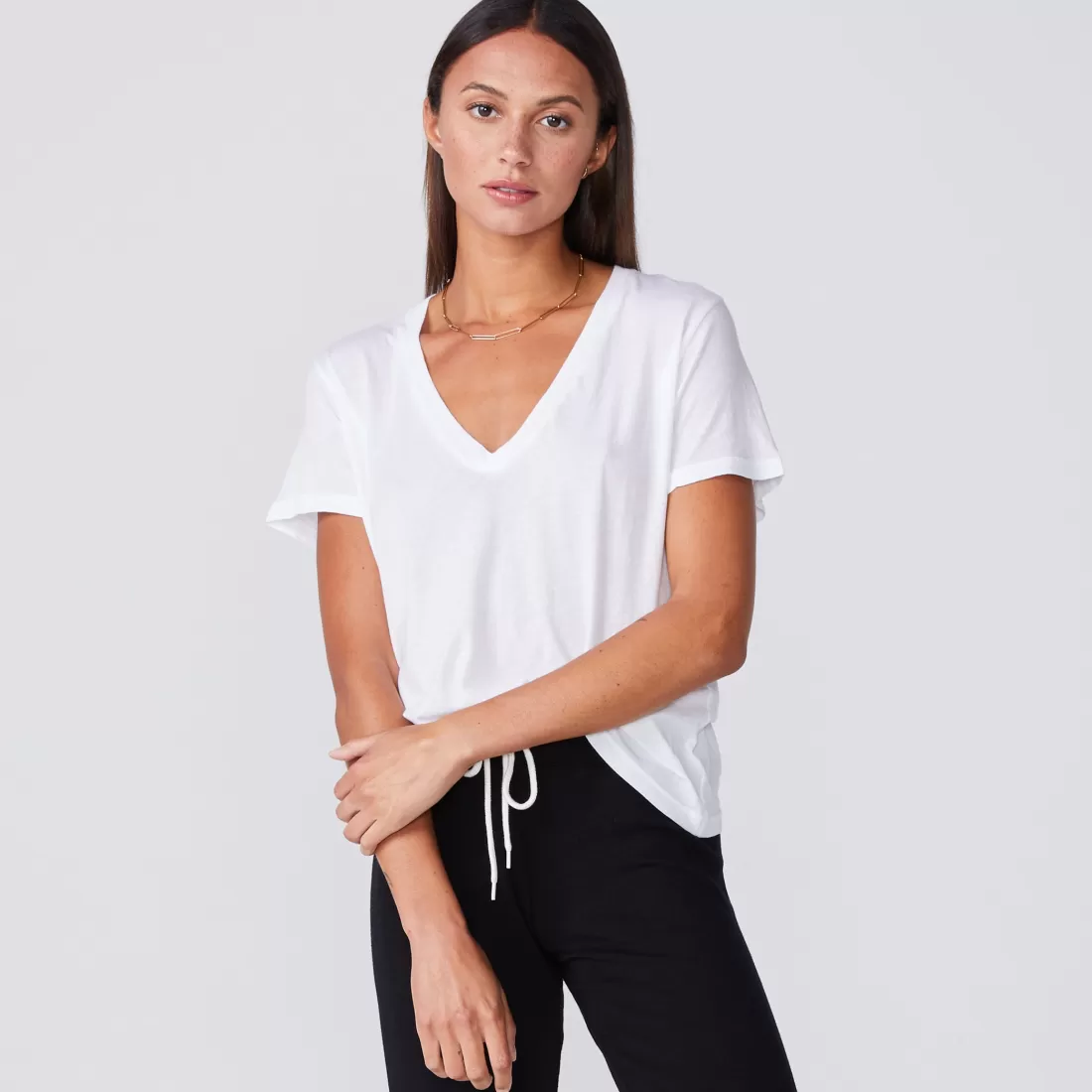 MONROW Tees*Super Fine Jersey Fitted V Neck Tee WHITE