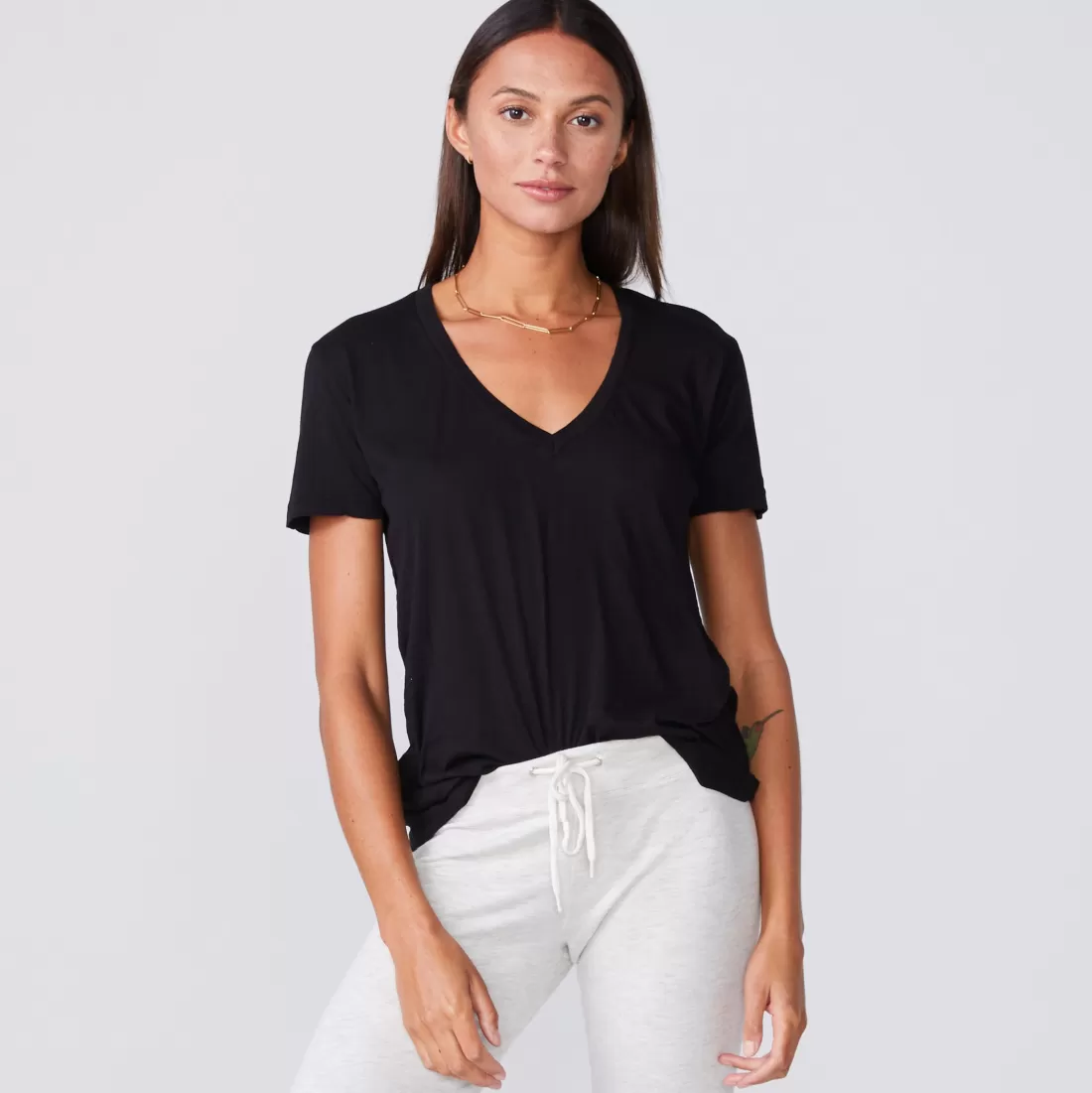 MONROW Tees*Super Fine Jersey Fitted V Neck Tee BLACK