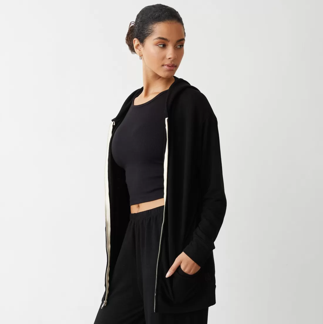 MONROW Supersoft*Supersoft Long Zip Up Hoody BLACK