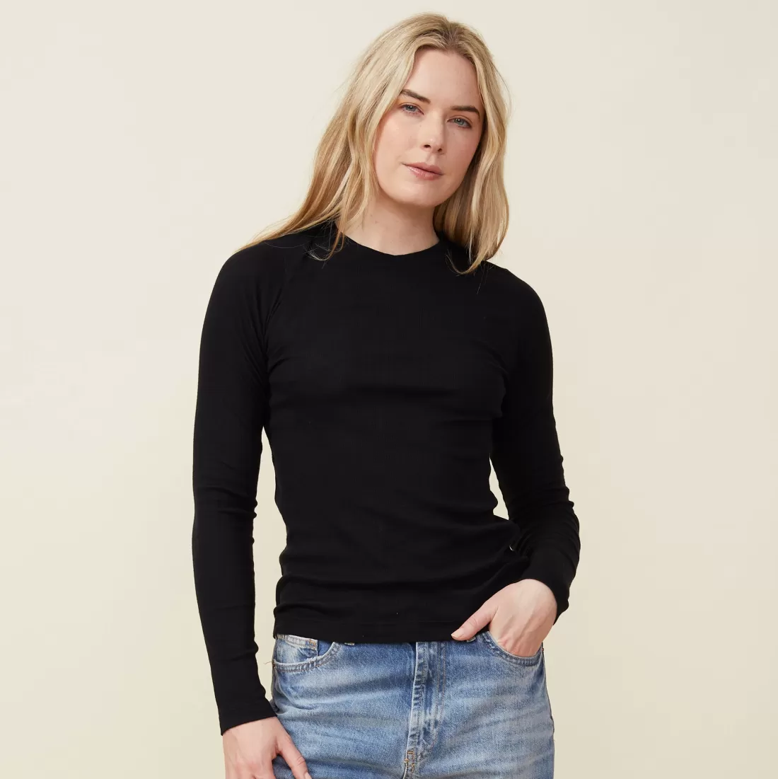 MONROW Long Sleeve*Supimafine Rib Long Sleeve Crew BLACK