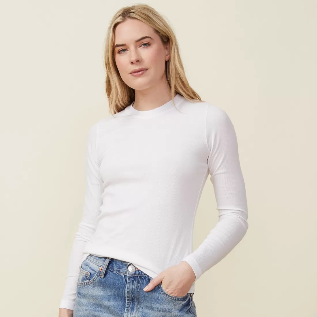 MONROW Long Sleeve*Supimafine Rib Long Sleeve Crew WHITE