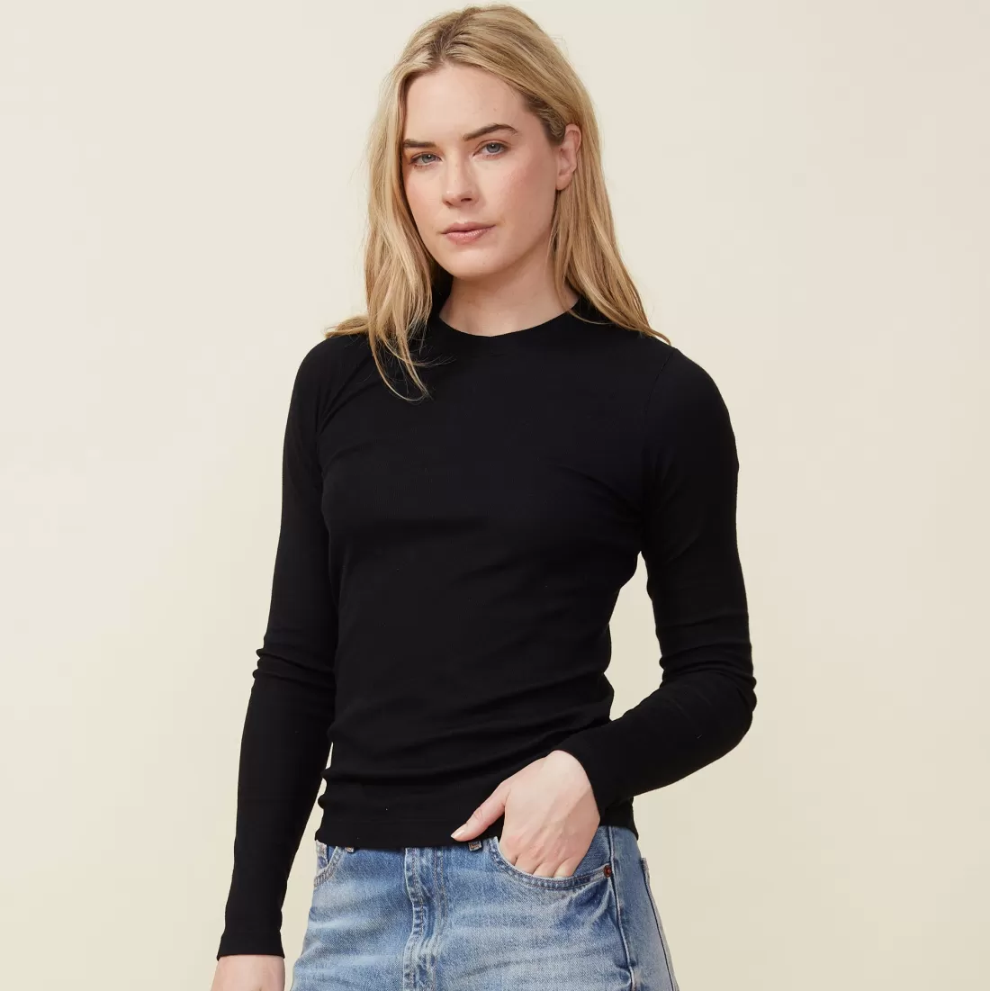 MONROW Long Sleeve*Supimafine Rib Long Sleeve Crew BLACK