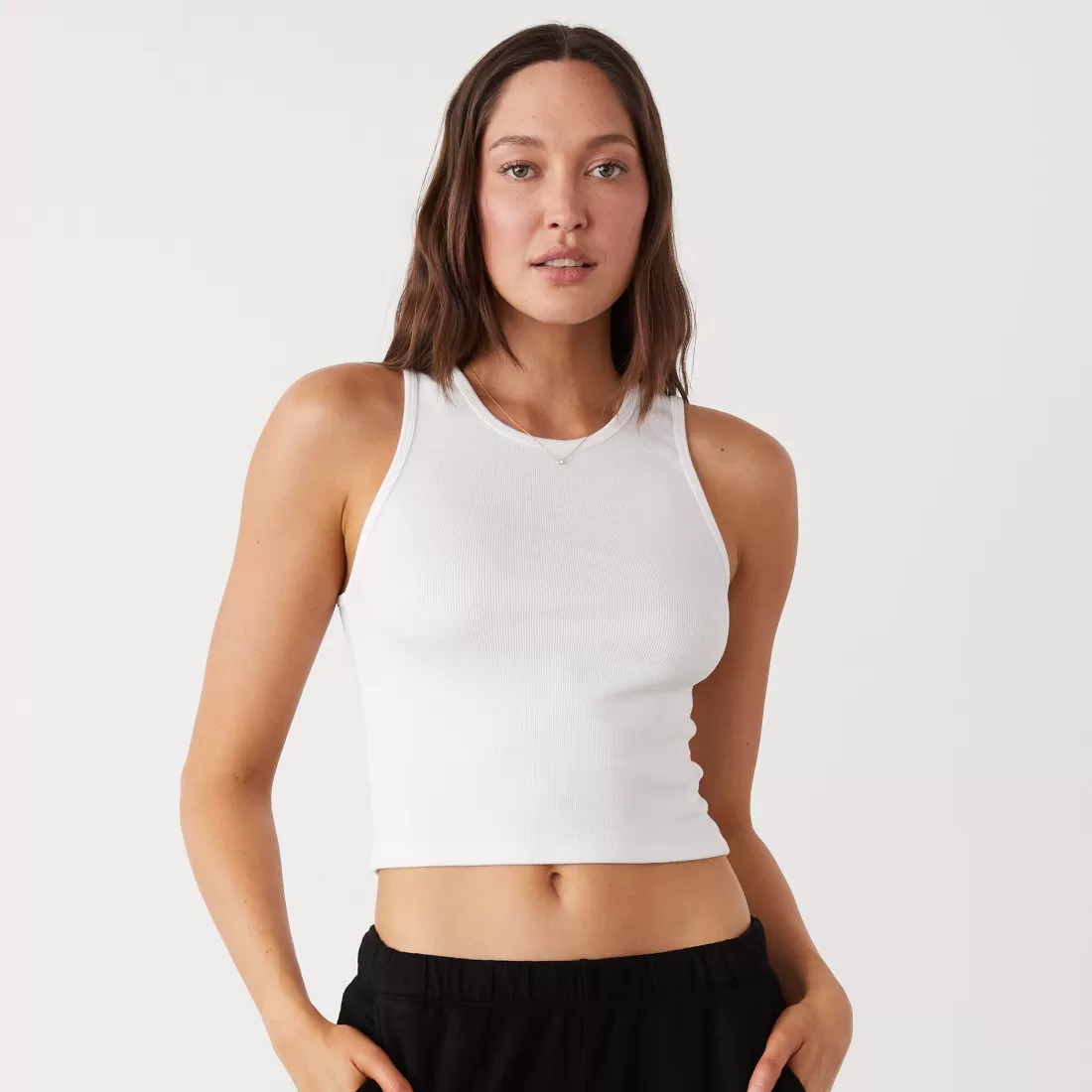 MONROW Tanks*Supimaluxe Rib Crop High Neck Tank WHITE