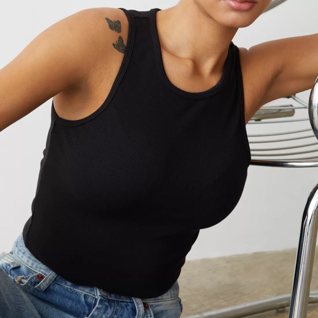 MONROW Tanks*Supimaluxe Rib Crop High Neck Tank BLACK