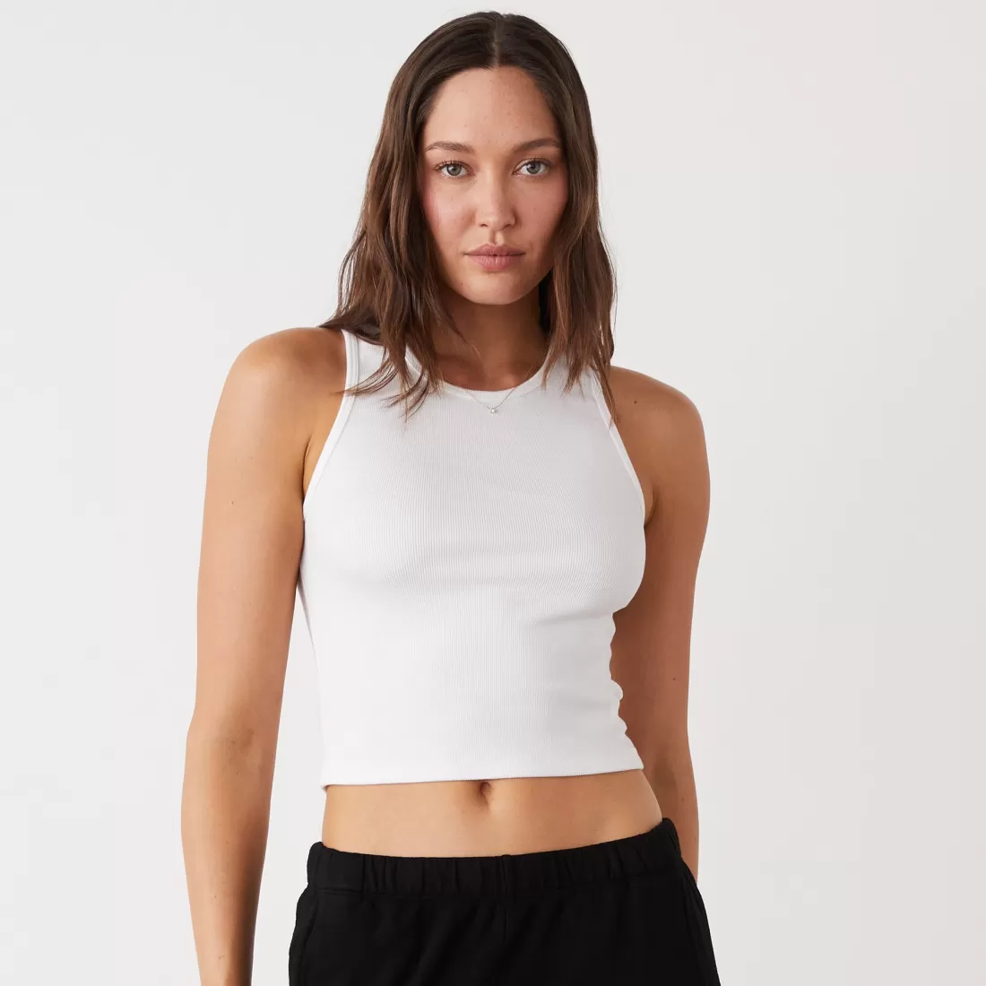 MONROW Tanks*Supimaluxe Rib Crop High Neck Tank WHITE
