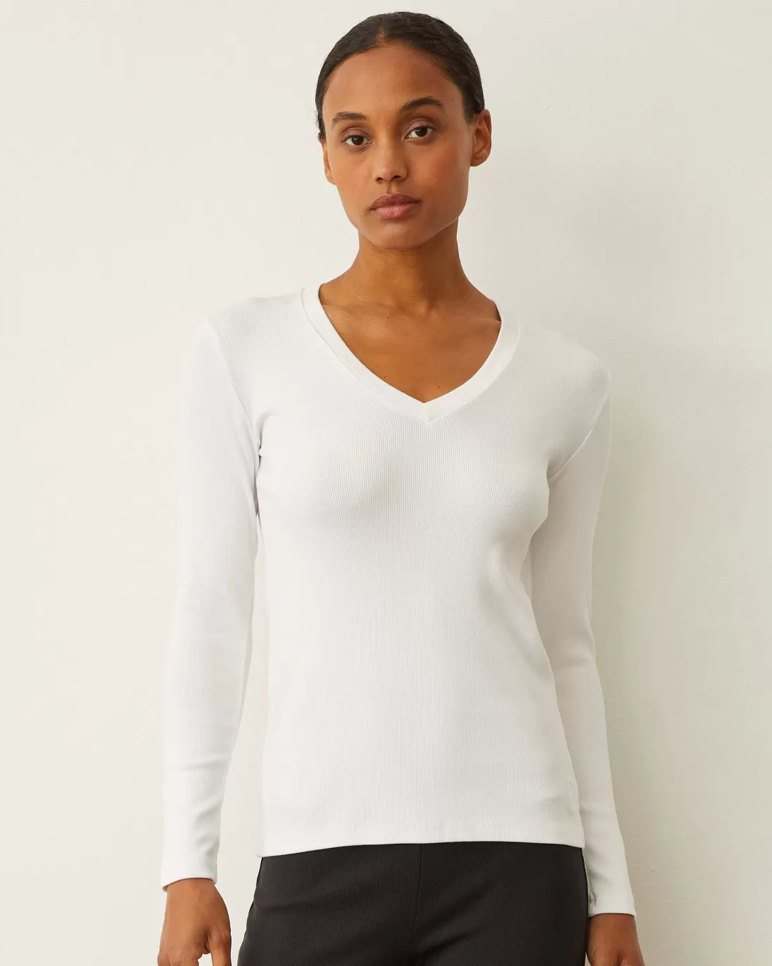 MONROW Long Sleeve*Supimaluxe Rib Long Sleeve V Neck WHITE